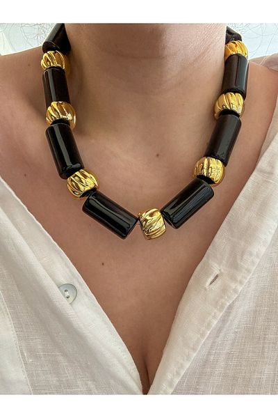 CHARMLUCKY Black Pipe Gold Necklace