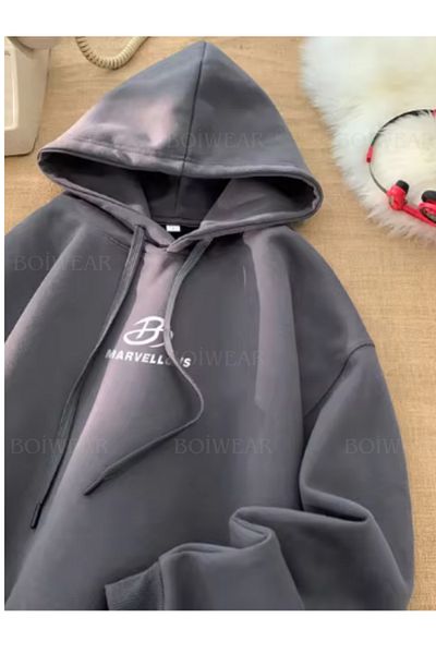 Boi Φούτερ με στάμπα Marvellous Hooded Oversize με 3 κλωστές - Μαύρο γκρι μπεζ κουκούλα
