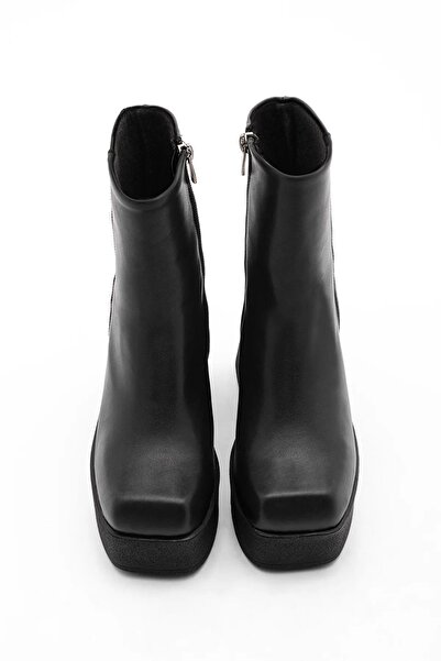 elvinshoes adela kadın siyah hafif plartfom topuk küt burun fermuarlı bot