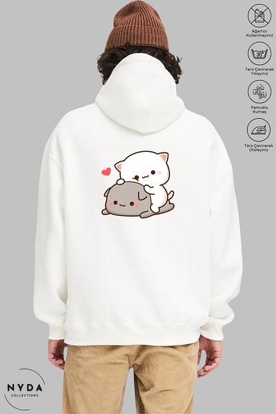 Nyda Collections Heart Printed Unisex Hoodie - Μακρυμάνικο, με κουκούλα, Oversize βαμβακερό φούτερ