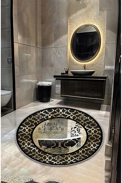 Artızon Black Gold Decorative Modern Vintage Retro Design Non-Slip Base 100 cm Round Bath Mat
