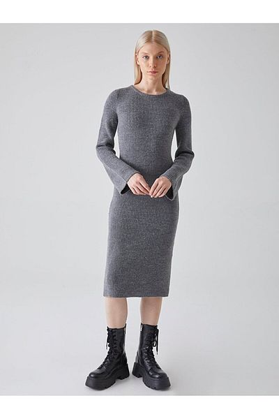 Ltb Long Sleeve Knitwear Midi Anthracite Dress