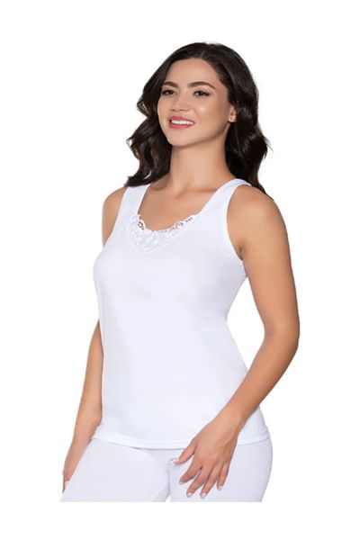 SİERNA White Women's Laced Tank Top - Wide Strap, Combed Cotton, Pack of 6
