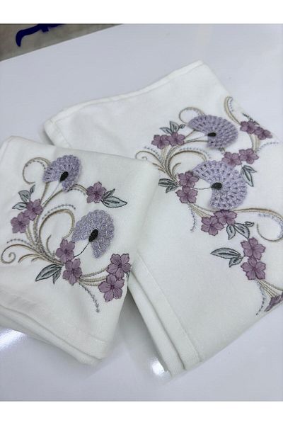 Dantelux Combed Velvet White Drop Model Mother and Daughter Dowry Embroidery Cream Colored Towel