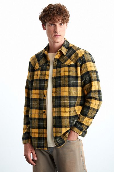 GRIMELANGE Men's Cotton Shirt - Aleni Saffron Yellow, Relaxed Collar Lumberjack Shirt