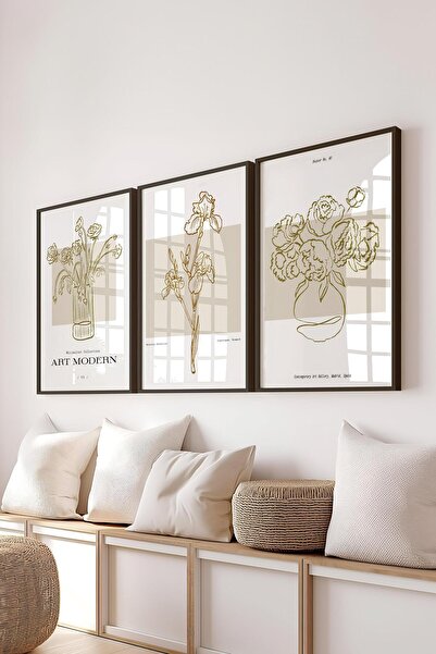 Postifull Çerçeveli Tablo Seti, 3 Adet Siyah Çerçeve ve Minimalist Çizim Tema...