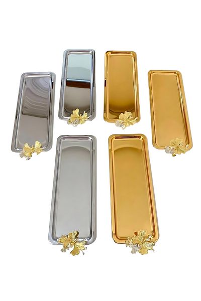 Yaren Style Luxury Butterfly Patterned Gold and Silver Baton - Tea and Coffee Serving Presentation Tray