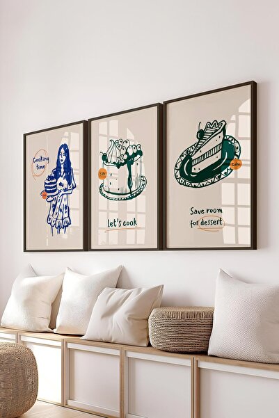 Postifull Çerçeveli Tablo Seti, 3 Adet Siyah Çerçeve ve Minimalist Yemek Tema...