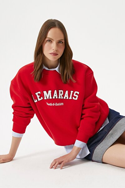 Ritnice Women's Marais Red Embroidered Oversize Sweatshirt