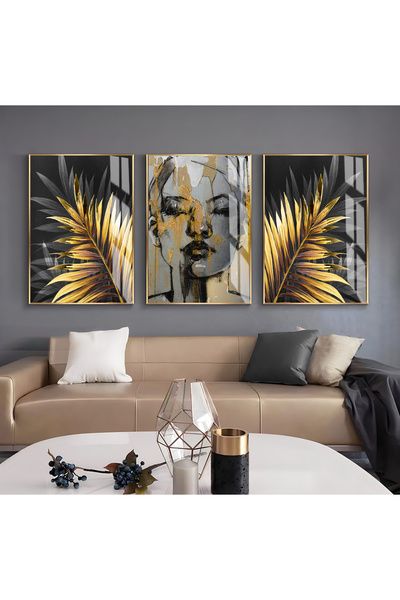 Harikabirev HARİKABİREV | COMBINAT DE FEMEI ABSTRACTE DE CULOARE NEGRU-AURIE SI COMBINAT DE CIUCURI | TABLO DE STICLA CU CADRU 3 PIESE VERTICAL