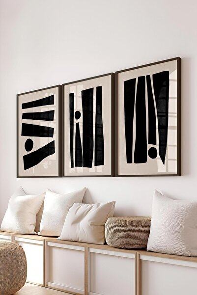 Postifull Çerçeveli Tablo Seti, 3 Adet Siyah Çerçeve ve Siyah Beyaz Soyut Tem...