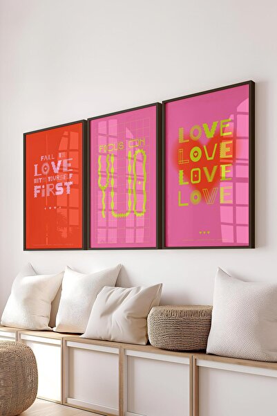Postifull Çerçeveli Tablo Seti, 3 Adet Siyah Çerçeve ve Renkli Yazı Sanatı Te...