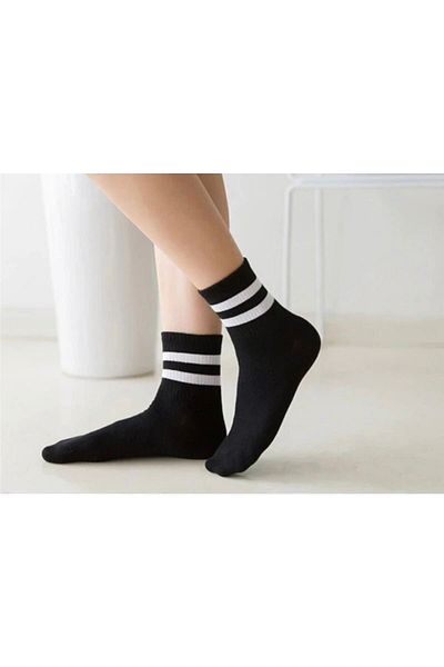 MODA YILDIZ Unisex 3 Pairs Black Top White Striped College Tennis Socks -My0001