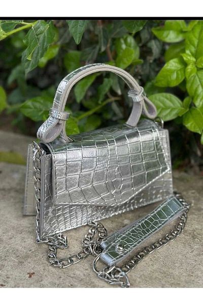 Glemix Geantă de mână și de umăr pentru femei Zeus Silver Croco - Curea cu lanț