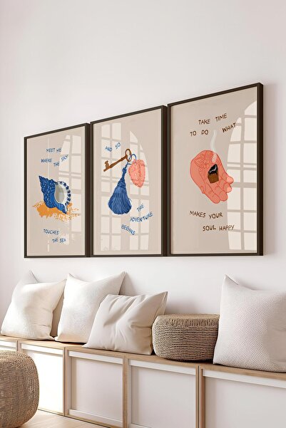 Postifull Çerçeveli Tablo Seti, 3 Adet Siyah Çerçeve ve Minimalist Çizim Tema...