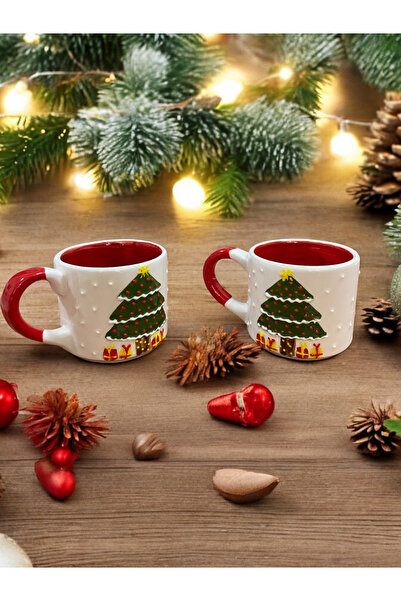 SeraCEY 2 ‘ Li Yılbaşı Özel Kabartmalı Kırmızı Renk Ağaç Desenli El Yapımı Seramik Kupa