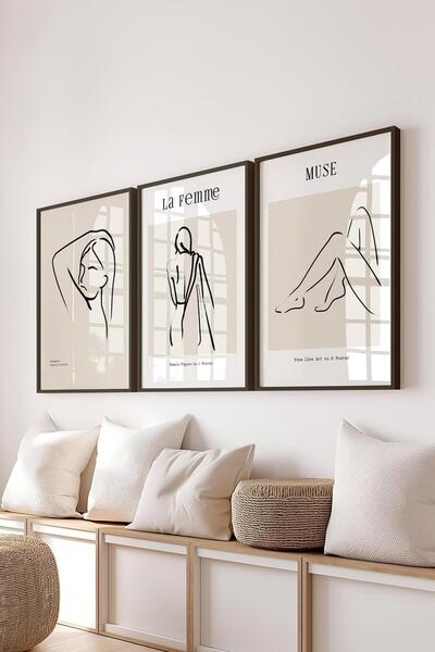 Postifull Çerçeveli Tablo Seti, 3 Adet Siyah Çerçeve ve Minimalist Çizim Tema...