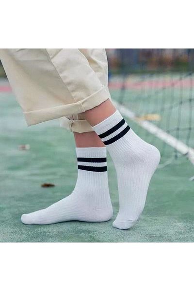 MODA YILDIZ 3-Piece Women's Black Striped White Cotton Tennis College Socks -My0001