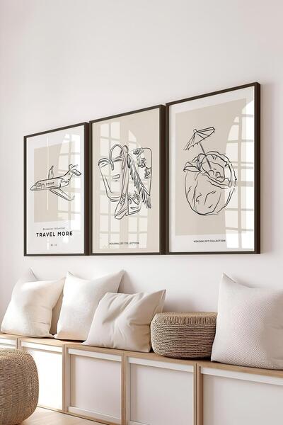 Postifull Çerçeveli Tablo Seti, 3 Adet Siyah Çerçeve ve Minimalist Çizim Tema...