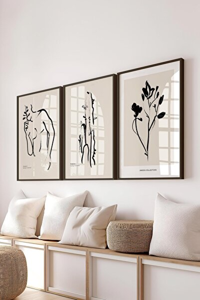 Postifull Çerçeveli Tablo Seti, 3 Adet Siyah Çerçeve ve Minimalist Çizim Tema...