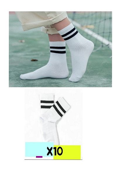 PİERLES 10 Συσκευασία Βαμβακερές μακριές Unisex ριγέ λευκές κάλτσες -p01