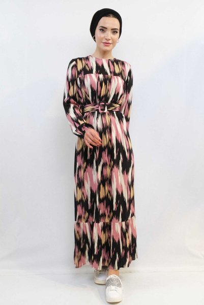 Mestore Fashion Stripe Mixed Pattern Dress Powder
