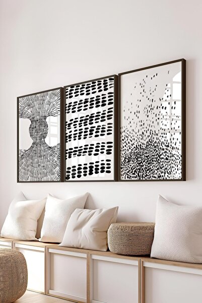 Postifull Çerçeveli Tablo Seti, 3 Adet Siyah Çerçeve ve Siyah Beyaz Soyut Tem...