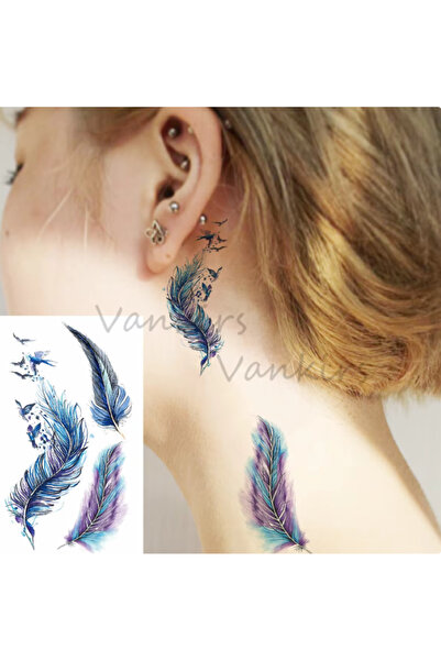 GLANZEND Gerçek Dövme Görünümlü Renkli Tüy Modelli 3 Boyutlu Tattoo, Geçici Dövme