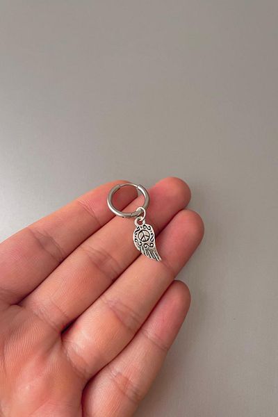 Jaida Moda Unisex Silver Peace Angel Wing Figured Steel Hoop Earrings