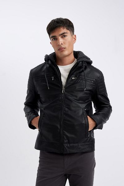 DeFacto Παλτό από συνθετικό δέρμα Slim Fit με βελούδινη επένδυση με κουκούλα και φερμουάρ N9693az24wn