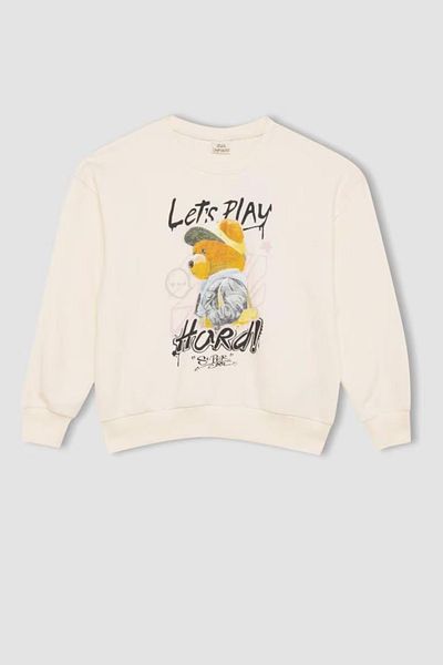 DeFacto Girl's Oversize Wide Fit Crew Neck Teddy Bear Printed Sweatshirt 3159964