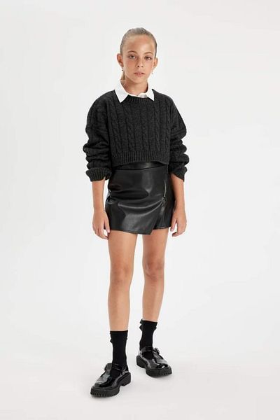 DeFacto Girl's Crop Crew Neck Hair Braided Knitwear Sweater C6934A824Au