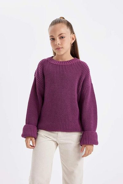 DeFacto Girl's Purple Standard Fit Crew Neck Basic Plain Knitwear Sweater C6909A824Au