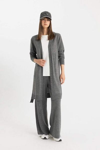 DeFacto Regular Fit Basic Plain Belted Long Knitwear Gray Cardigan Z9026Az24Wn