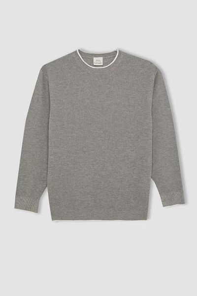 DeFacto Pulover pentru băiat, gri, cu gât crew, 100% bumbac, simplu, tricotaj, 25k 801005079