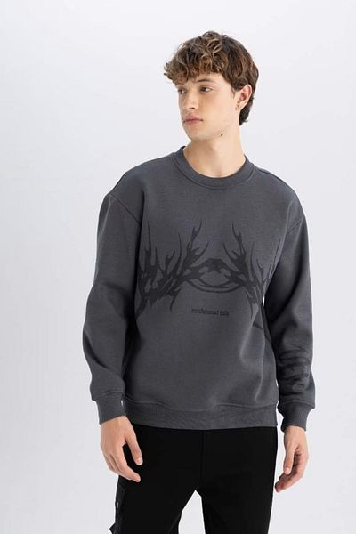 DeFacto Ανδρικό φούτερ Anthracite Boxy Fit Crew Neck με στάμπα D2023ax24au