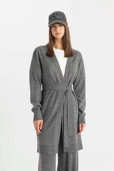 DeFacto Regular Fit Basic Plain Belted Long Knitwear Gray Cardigan Z9026Az24Wn