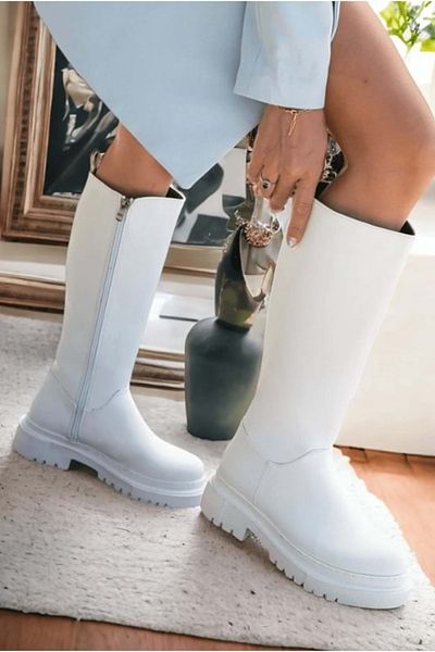 Kids Club Shoes Άνετα Γυναικεία Μποτάκια Feles Χονδρή Σόλα Κάτω από το Γόνατο ΛΕΥΚΟ