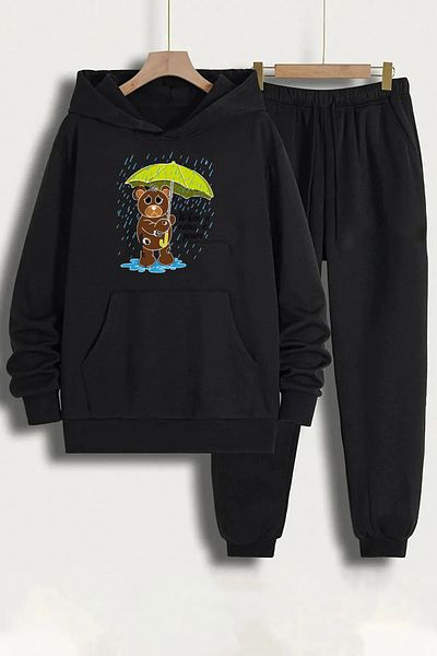 aynewmoda Bear Standing in the Rain Printed Black Hooded Sweatshirt and Sweatpants - Oversize