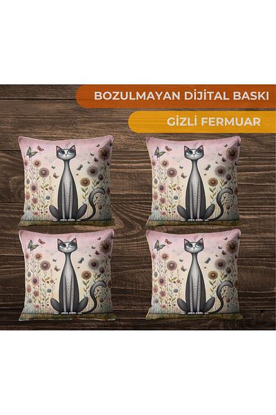 CİMENS Digital Printed Gift Sofa 4-Piece Throw Pillow Pillow Case |   Butterfly Flower Light Color Cat Pattern