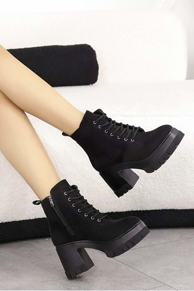 Kids Club Shoes Cizme de damă Feles cu talpă înaltă groasă 9 cm cu șireturi NEGRĂ-SPIEL