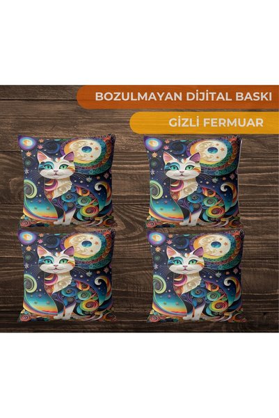 CİMENS 4-Piece Digital Printed Gift Sofa Set - Blue White Yellow Cat Pattern