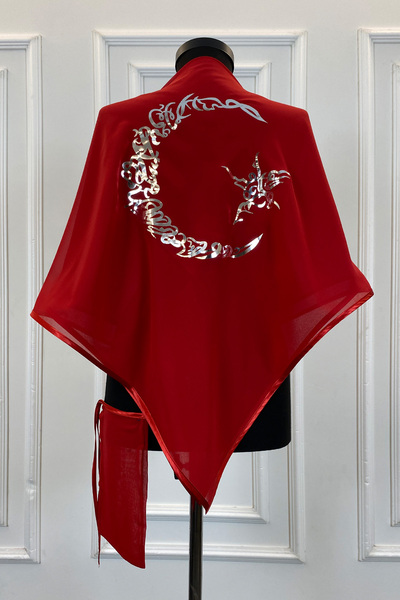 ZEYMERADE غطاء كتف العريس الفاخر من الشيفون الأحمر، مطبوع عليه نجمة هلال فضية...