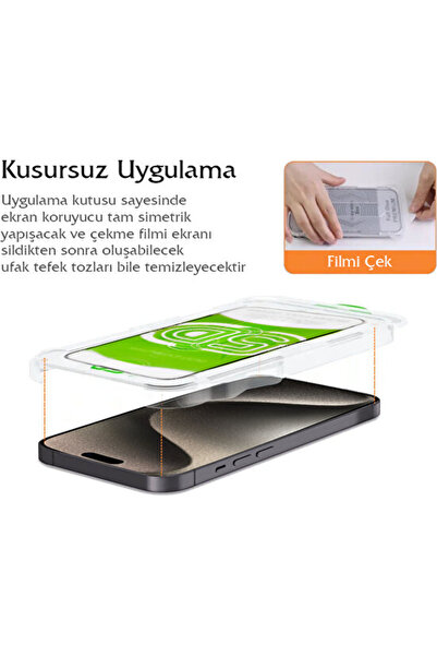 Fibaks iPhone 13/13 Pro/14/16E/17E Takma Aparatlı Kolay Uygulama Tam Ekran Kırılmaz Cam Ekran Koruyucu