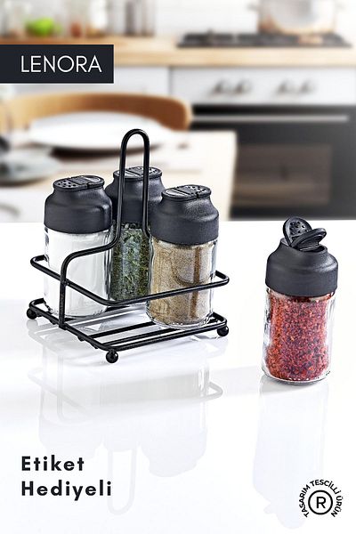 GRİMOR Life Set of 4 Double Covered Glass Spice Jars with Metal Stand - Lenora Salt and Pepper Shakers Spice Set
