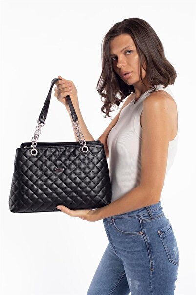 Madamra Black Women's Large Quilted Chain Bag