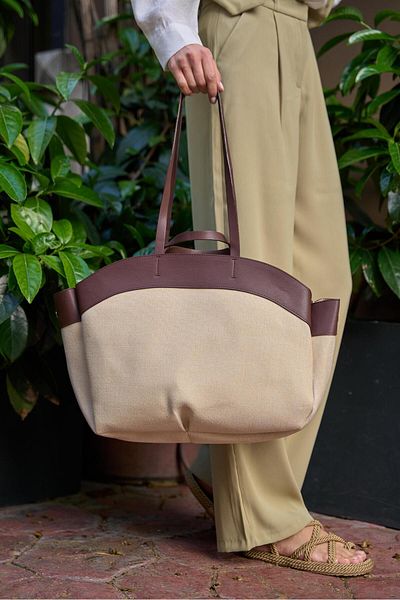 Madamra Braune Damen-Einkaufstasche mit Kontrast