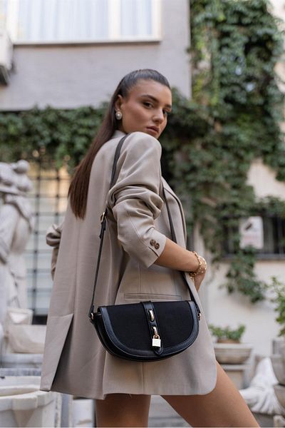 Madamra Schwarze Damen-Umhängetasche mit Kontrastdesign