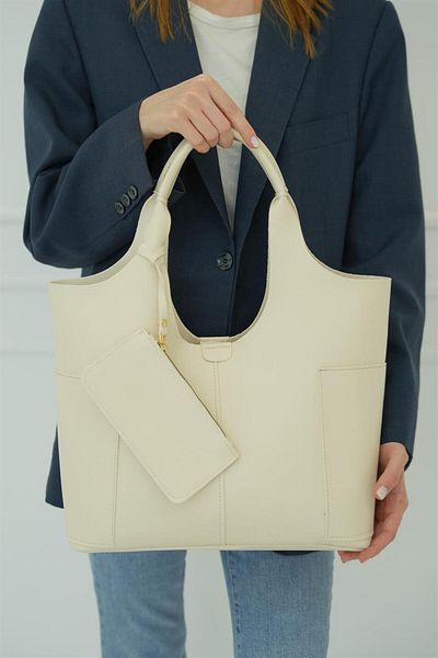 Madamra Cremefarbene Damen-Hand- und Umhängetasche mit Seitentaschen und Brieftaschendetail