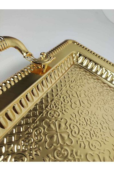 İnova Home Decor Gold Colored Sena Large Serving Rectangular Embossed Chocolate Tray - 44X32 cm